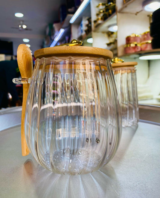 Bamboo lid glass sugar pots