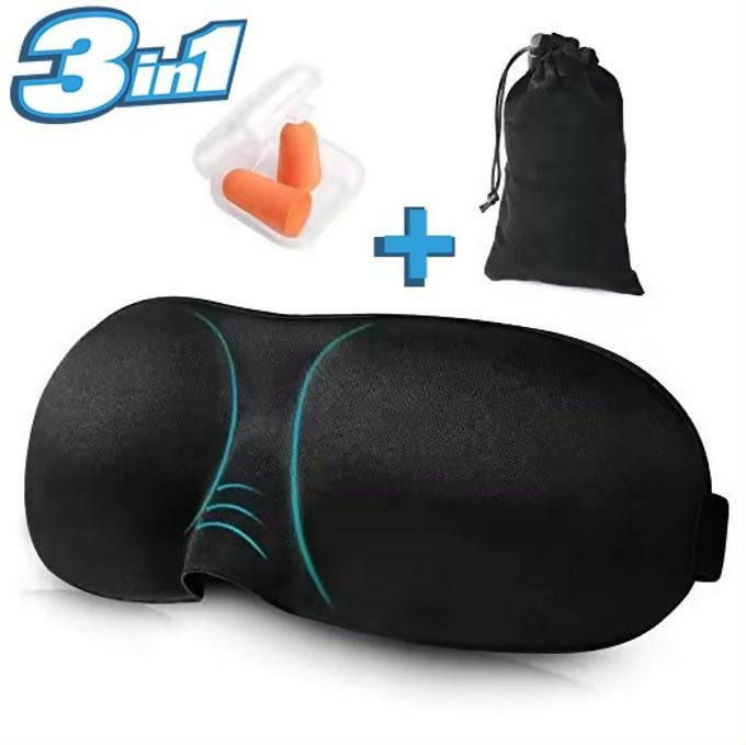 3in1 Sleeping Eye Mask Earplugs Carry Pouch Set 3D Ultra Soft Contoured