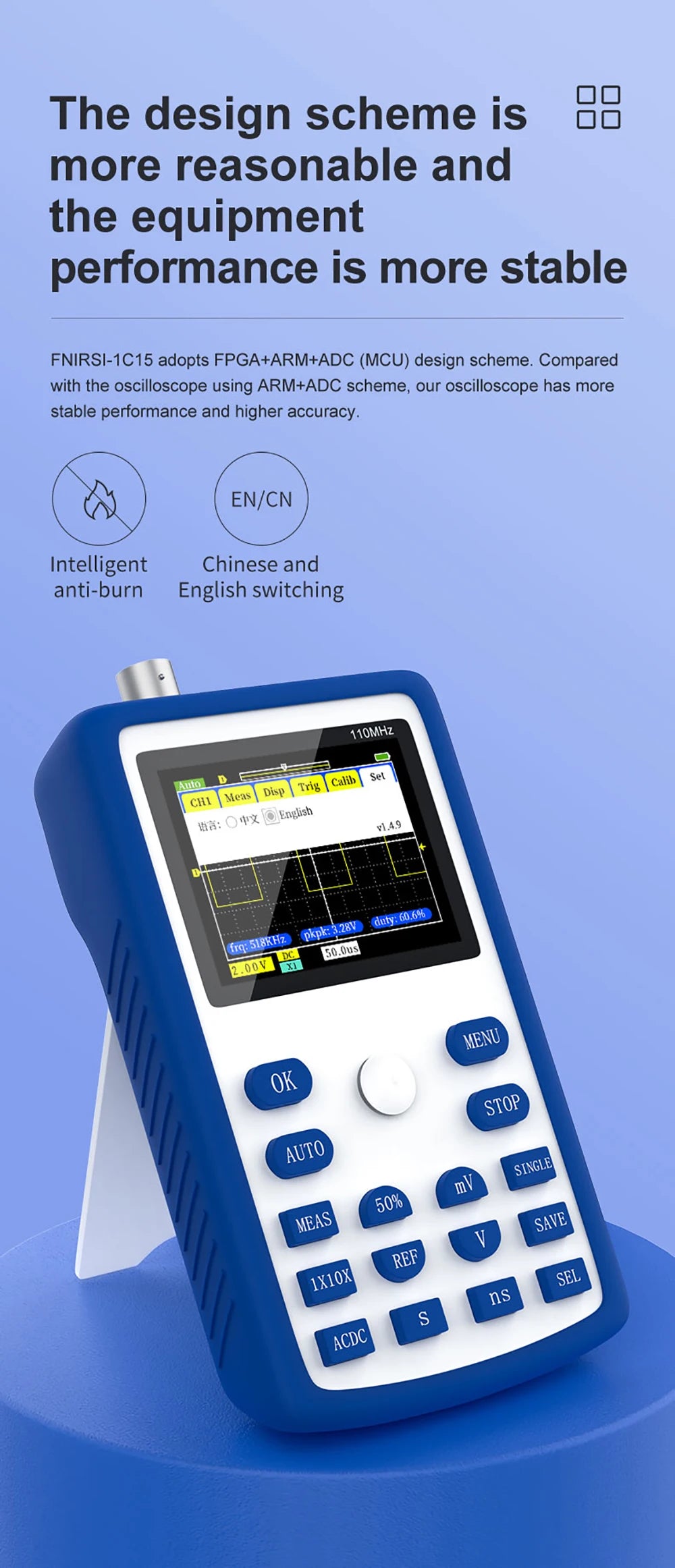 FNIRSI 1C15 Professional Digital Oscilloscope 110MHz Analog Bandwidth 500MS/s Sampling Rate Supports 1Khz Square Wave 400V