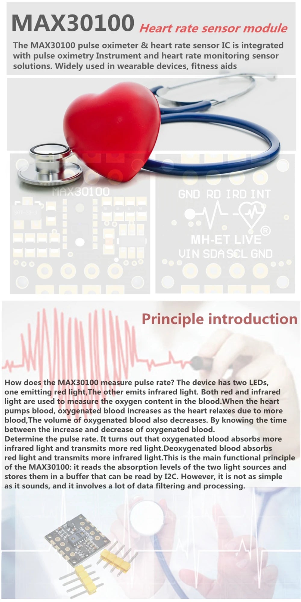 MH-ET LIVE MAX30102 MAX30100 Heart rate Sensor Module Puls detection Blood oxygen concentration test For Arduino Ultra-Low Power