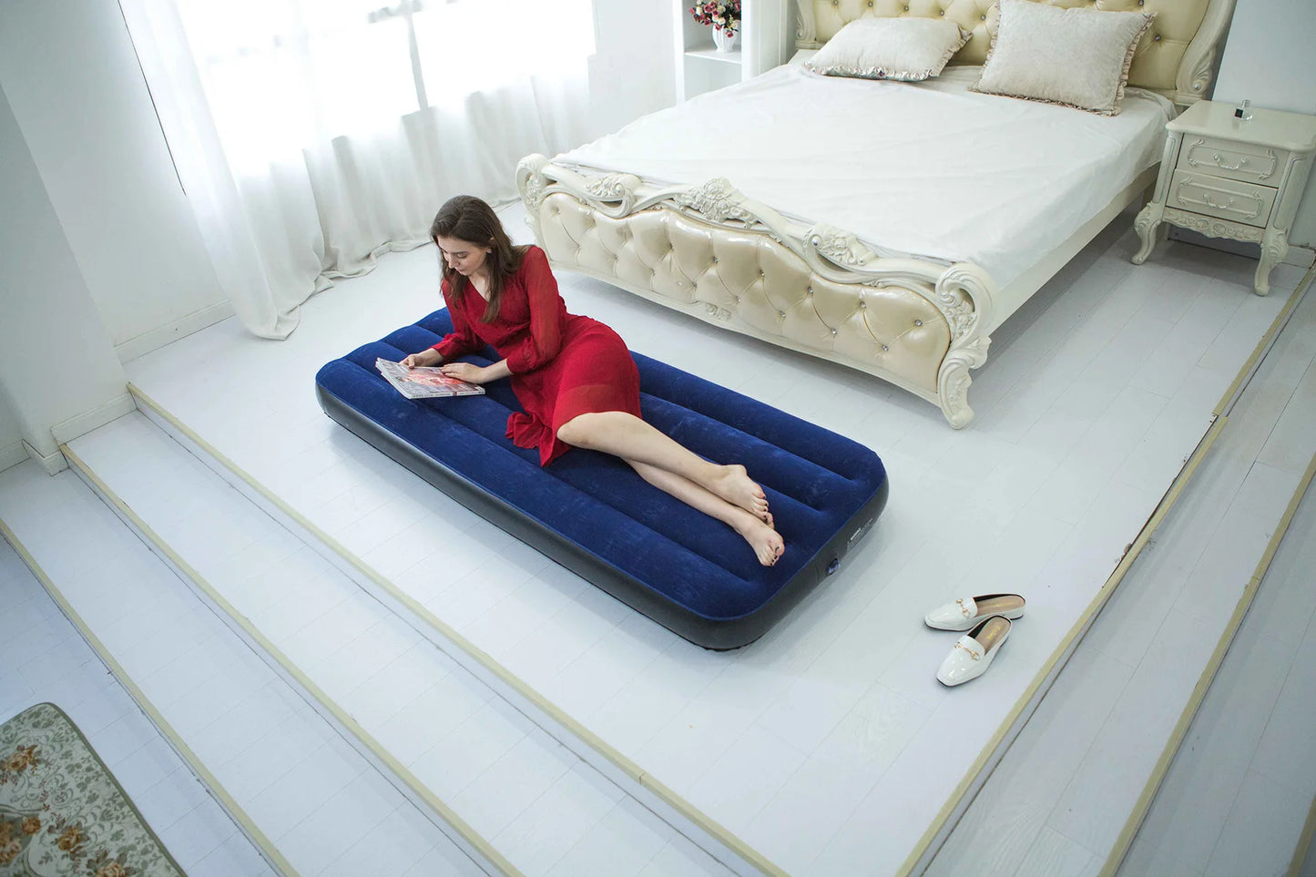 Household Simple Navy Blue Inflatable Mattress Foldable Inflatable Nursing Bed Outdoor Garden Lazy Inflatable Sofa with Air Pump