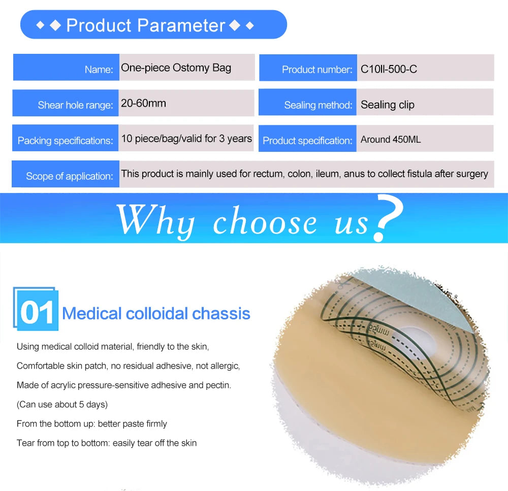 Cofoe 10pcs Ostomy Bags One-piece System Colostomy Bags  Disposable Colostomy Pouch Opening 20-60mm  With Clip Closure