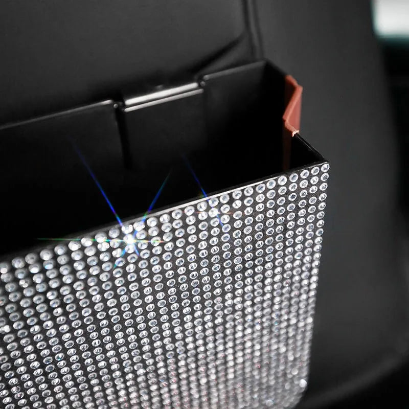 Crystal Bling Car Storage Bag Box Seat Back Organizer Box Backseat Holder Multi-Pockets Container Car Stowing Tidy Trash Bin