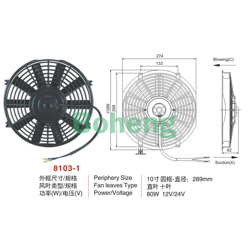 Automobile air conditioner cooling electronic fan,condenser fan 8,9,10,12,14 inches,80W  12v/24V