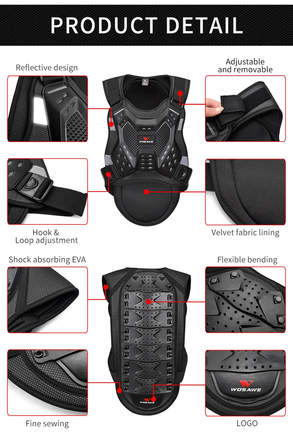 WOSAWE Back Protector Motorcycle Armor Adult Spine Chest Body Protection Skateboard MTB Motocross Racing Top Armor Vest Jacket