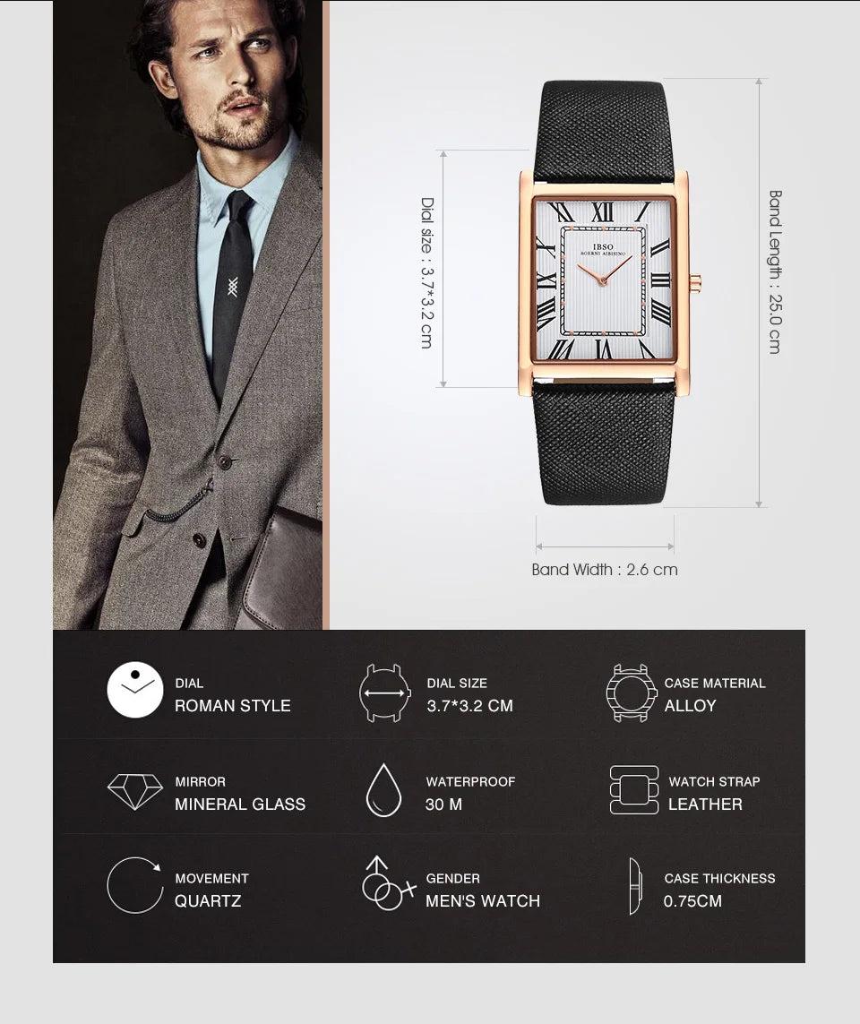 IBSO Ultra-Thin Rectangle Dial Men's Quartz Watch Luxury Business Style Genuine Leather Strap Waterproof New Men WristWatches