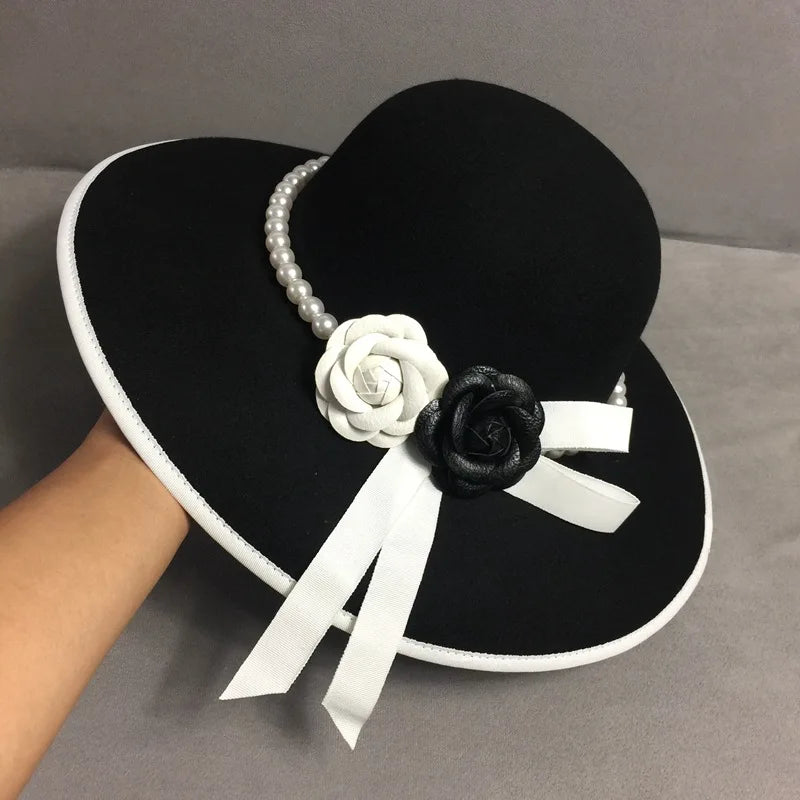 Formal Wide Brim White Black Flower Fedora Hat Pearls Band 100% Wool Felt Floppy Ladies Wedding Church Hat Porkpie Trilby Hat
