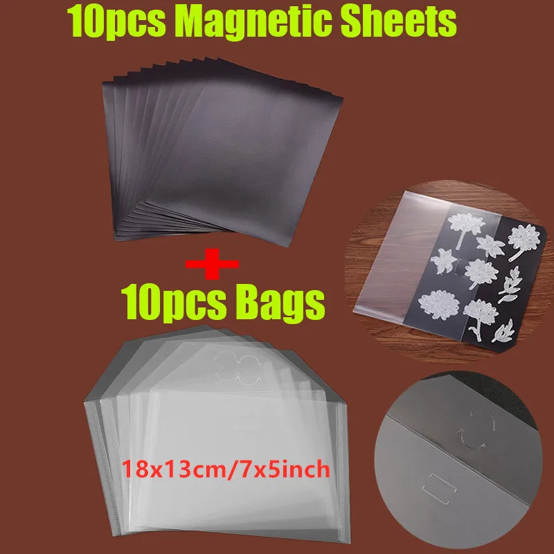 20pcs/set 7x5inch 0.3mm Magnetic Sheets And Plastic Folder Bags Set For Storage Cutting Dies Stamps Organizer Transparent Bags