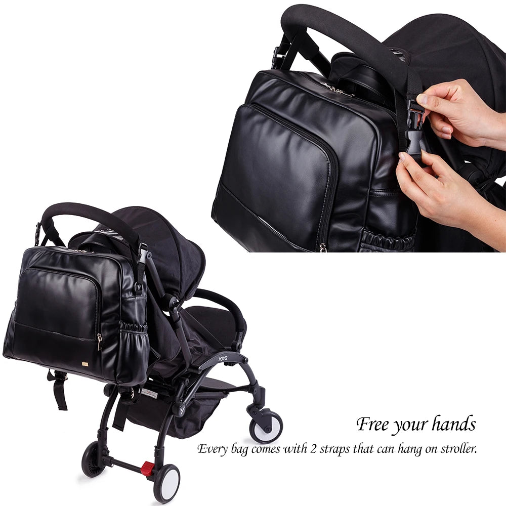 Soboba Waterproof Black Diaper Bag Smooth Leather Larege Capacity Nursing Changing Backpack for Newborn Baby with 2 Straps