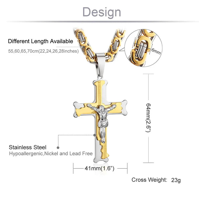 Stainless Steel Crucifix Jesus Byzantine Link Chain Necklace Fish Bone Pattern Cross Pendant Necklace Catholic Jewelry Men Gift