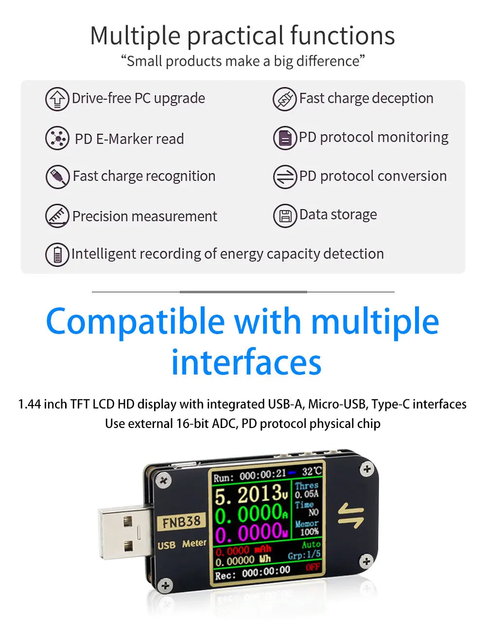 FNB38 Current And Voltage Meter USB Tester QC4+ PD3.0 2.0 PPS Fast Charging Protocol Capacity Test