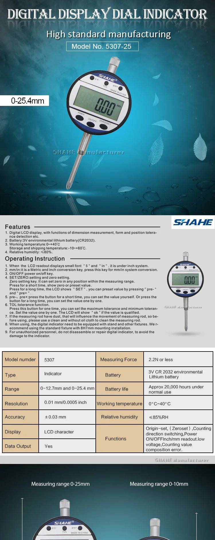 SHAHE New Type Indicator 0-12.7/25.4 mm 0.01 mm Digital Dial Gauge Precision Measurement Tools Digital Dial Indicator