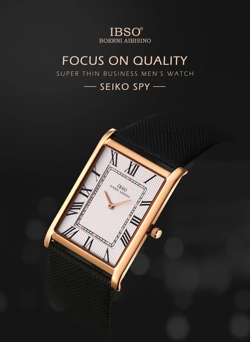 IBSO Ultra-Thin Rectangle Dial Men's Quartz Watch Luxury Business Style Genuine Leather Strap Waterproof New Men WristWatches
