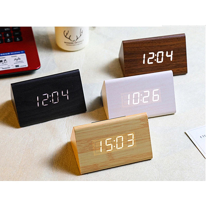 USB/AAA  Clocks LED Wooden Alarm Clock Watch Table Voice Control Digital Wood Despertador Electronic Desktop Table Decor