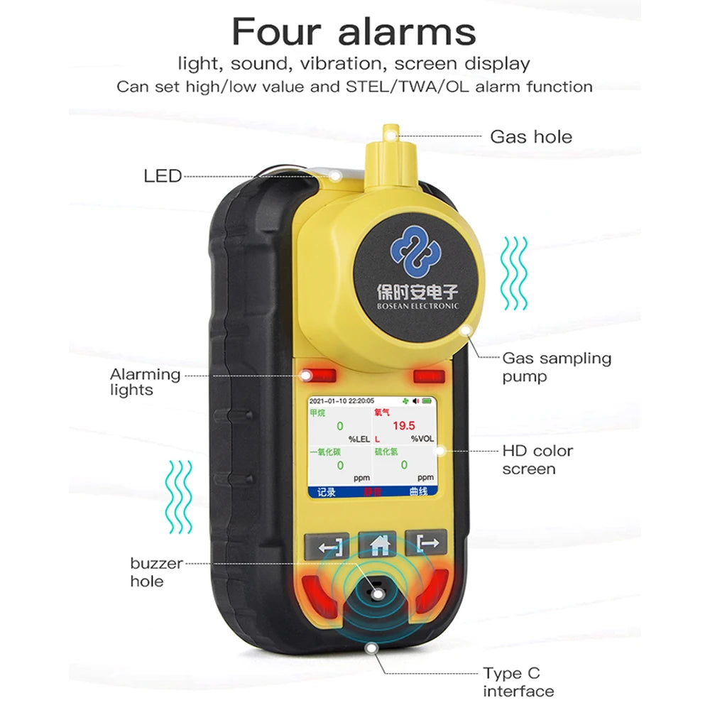 Bosean O2 H2S CO LEL 4 in 1 Oxygen Hydrogen Sulfide Carbon Monoxide Leak Detector Pump Multi Gas Detector Gas Meter