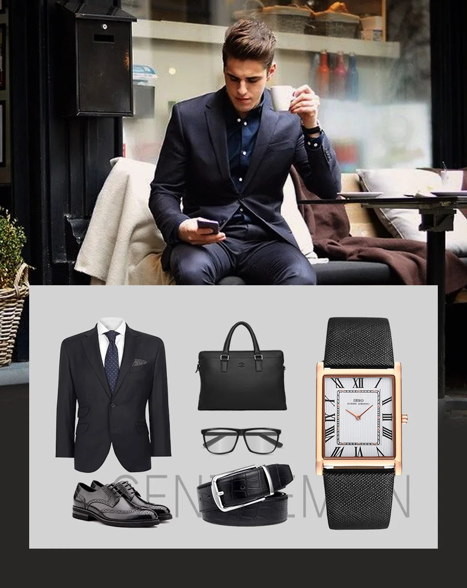 IBSO Ultra-Thin Rectangle Dial Men's Quartz Watch Luxury Business Style Genuine Leather Strap Waterproof New Men WristWatches