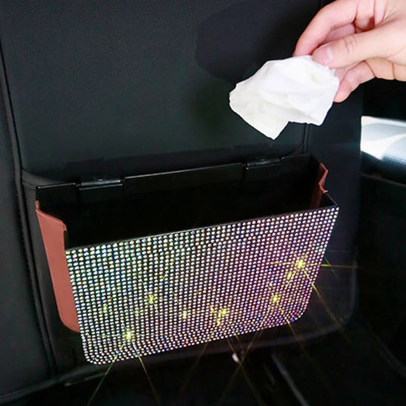 Crystal Bling Car Storage Bag Box Seat Back Organizer Box Backseat Holder Multi-Pockets Container Car Stowing Tidy Trash Bin
