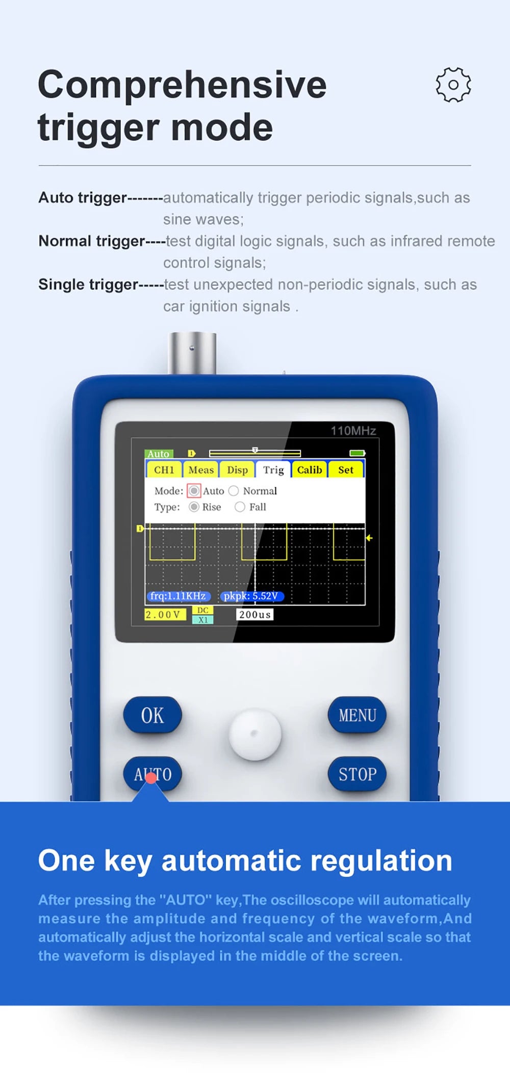 FNIRSI-1C15 Professional Digital Oscilloscope 500MS/s Sampling Rate 110MHz Analog Bandwidth Support Waveform Storage