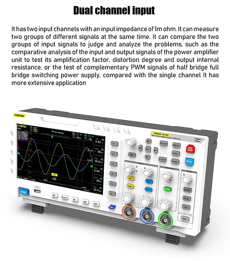 FNIRSI-1014D Dual Channel Desktop Digital Oscilloscope 100MHz* 2 Analog Bandwidth 1GSa/s Sampling Rate 10Mhz  Signal Generator