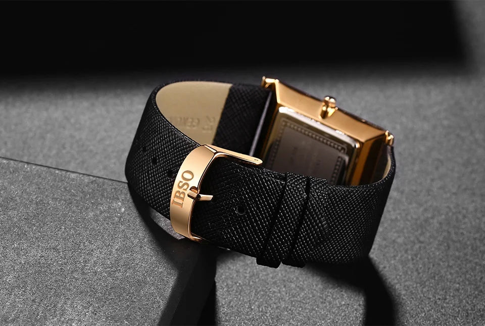 IBSO Ultra-Thin Rectangle Dial Men's Quartz Watch Luxury Business Style Genuine Leather Strap Waterproof New Men WristWatches