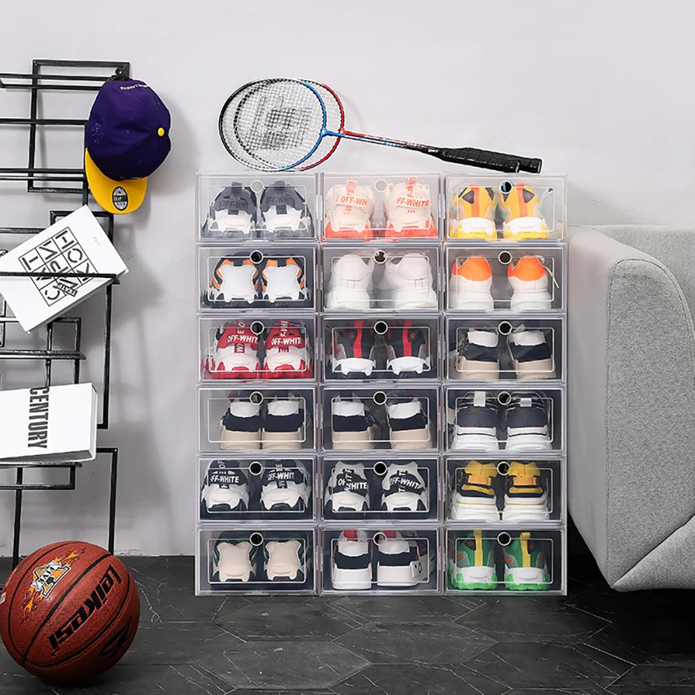 6 Pack Transparent shoe box shoes organizers thickened foldable Dustproof storage box Stackable combined shoe cabinet Sale
