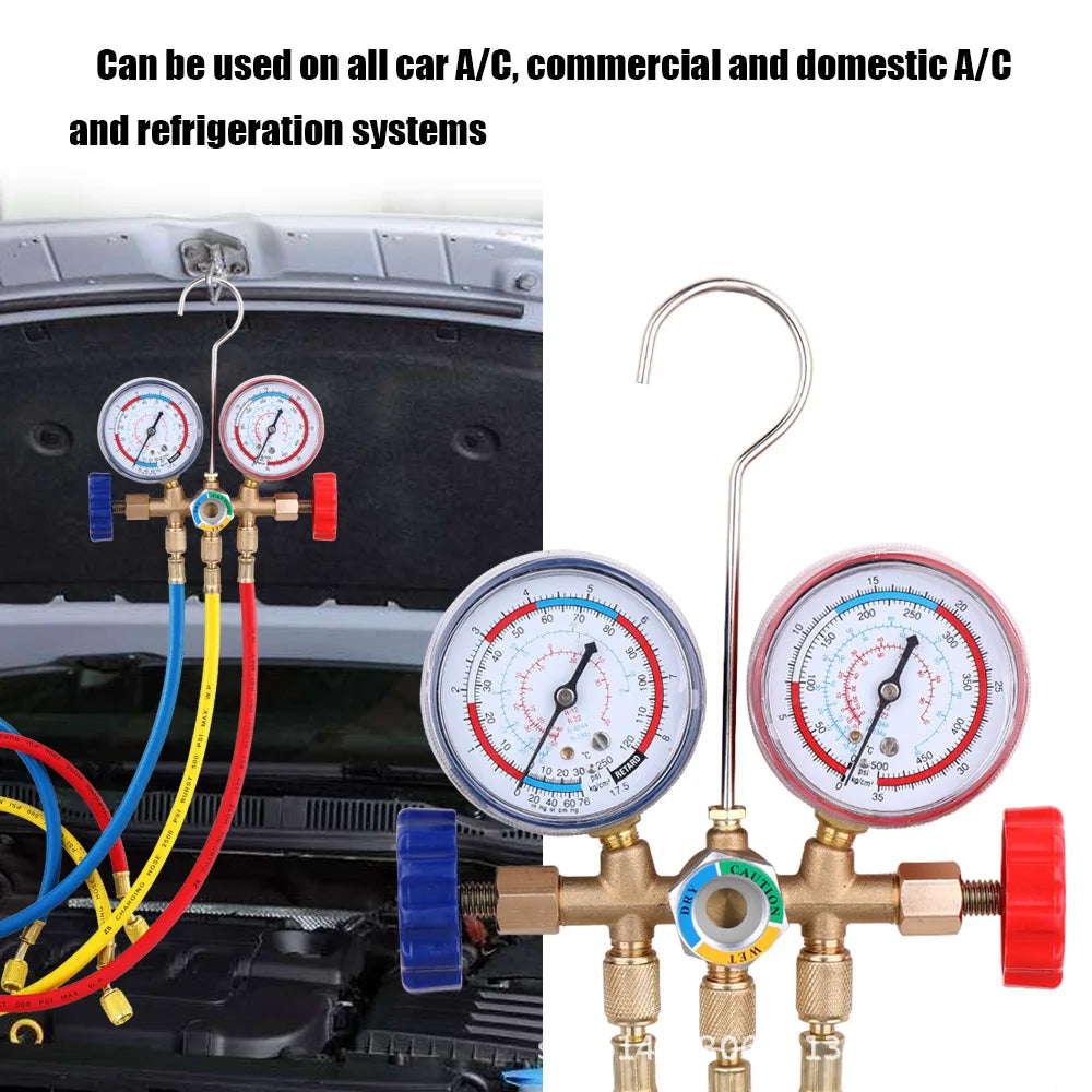 2024 Air Condition Gauge for R12 R22 R-404A R-134a Refrigerants, Manifold Gauge Manometer Valve 500psi with Visual Mirror
