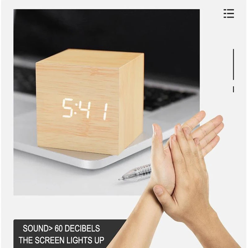 USB/AAA  Clocks LED Wooden Alarm Clock Watch Table Voice Control Digital Wood Despertador Electronic Desktop Table Decor