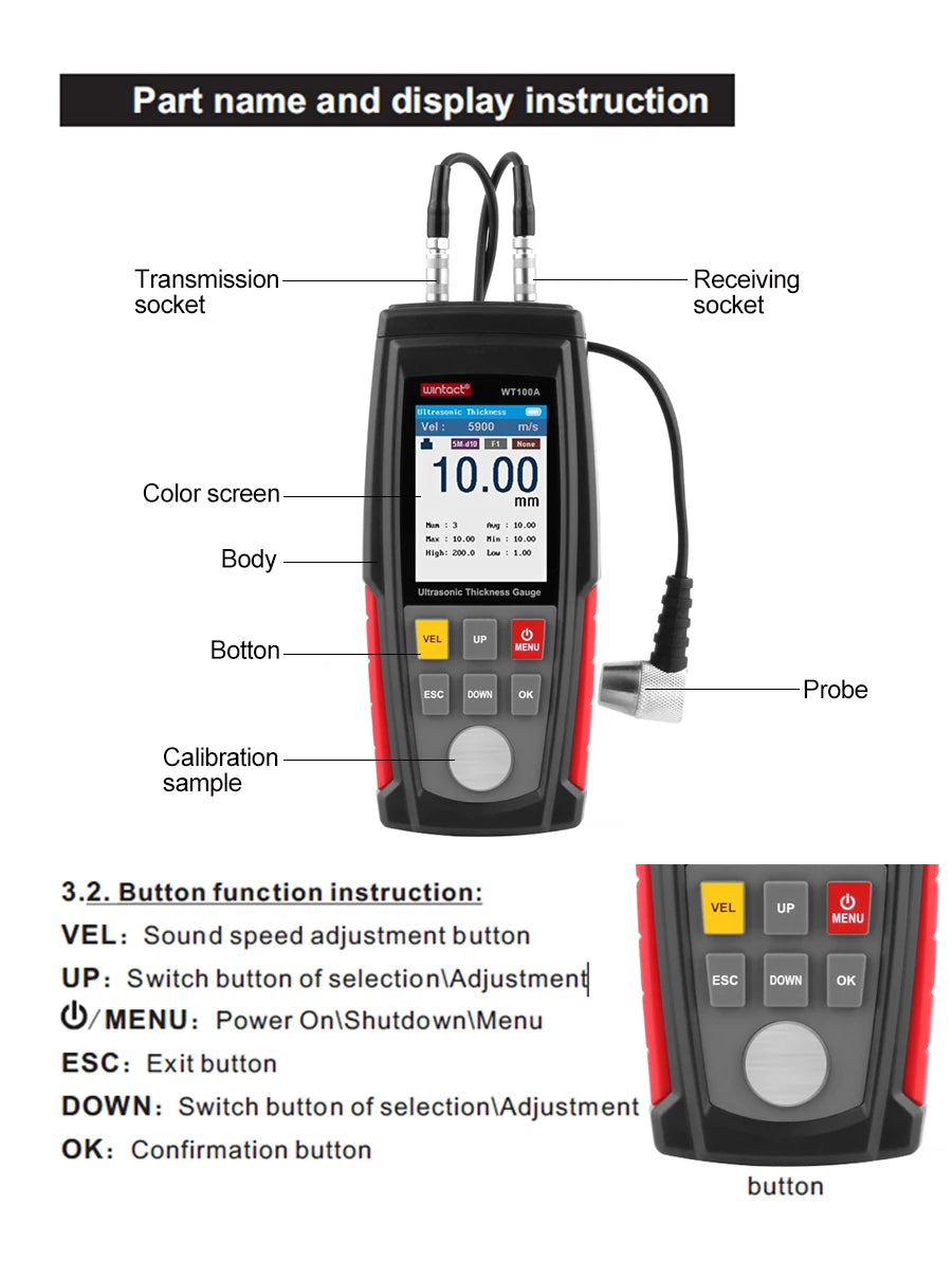 WINTACT Ultrasonic Thickness Gauge Meter Tester Steel Plate Glass Plastic Ceramic Thickness Meter Rechargeable Battery