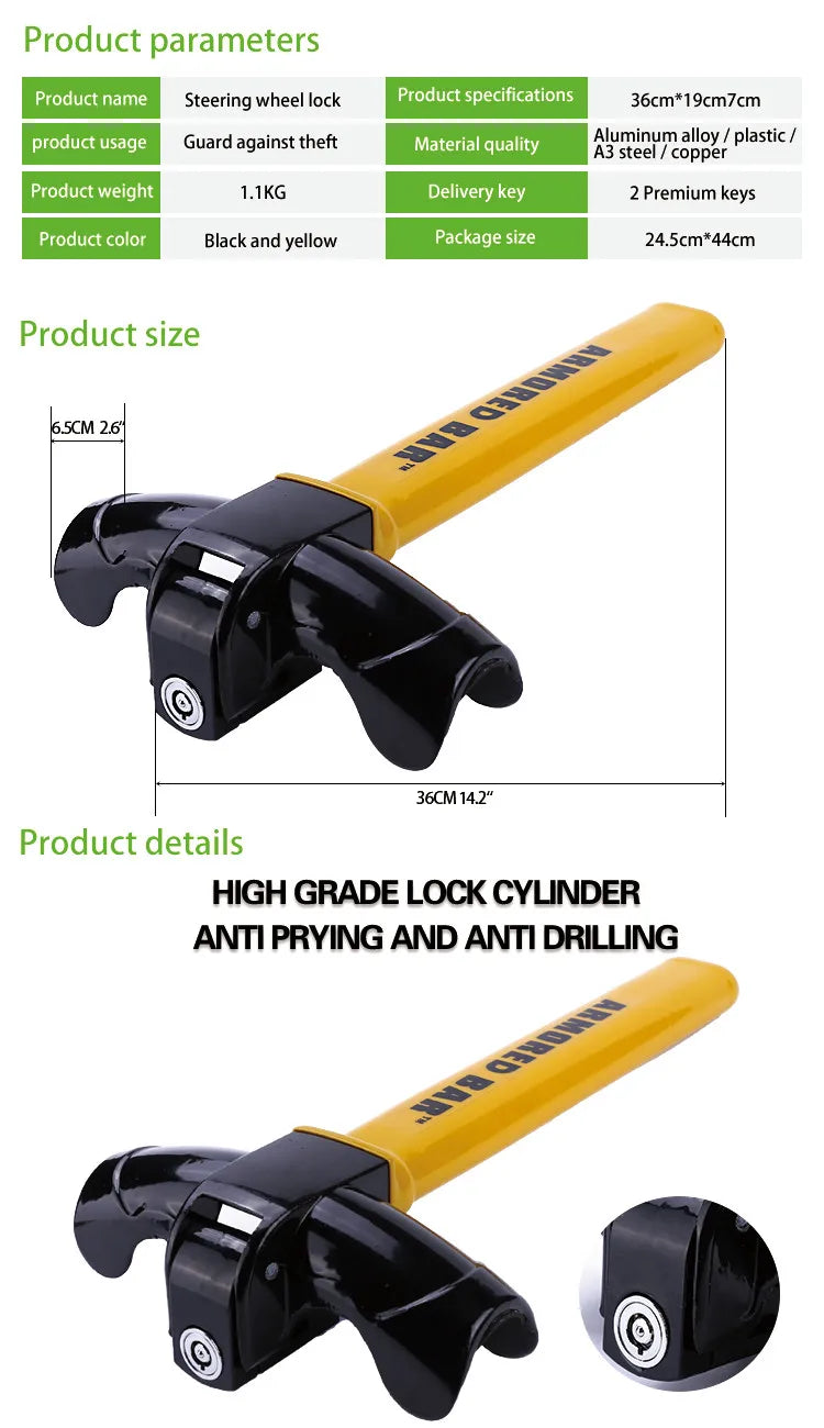 Car Steering Wheel Lock Heavy Duty Stainless Lock Universal Anti-theft Car/Van Security Rotary Enhance Automobile Security