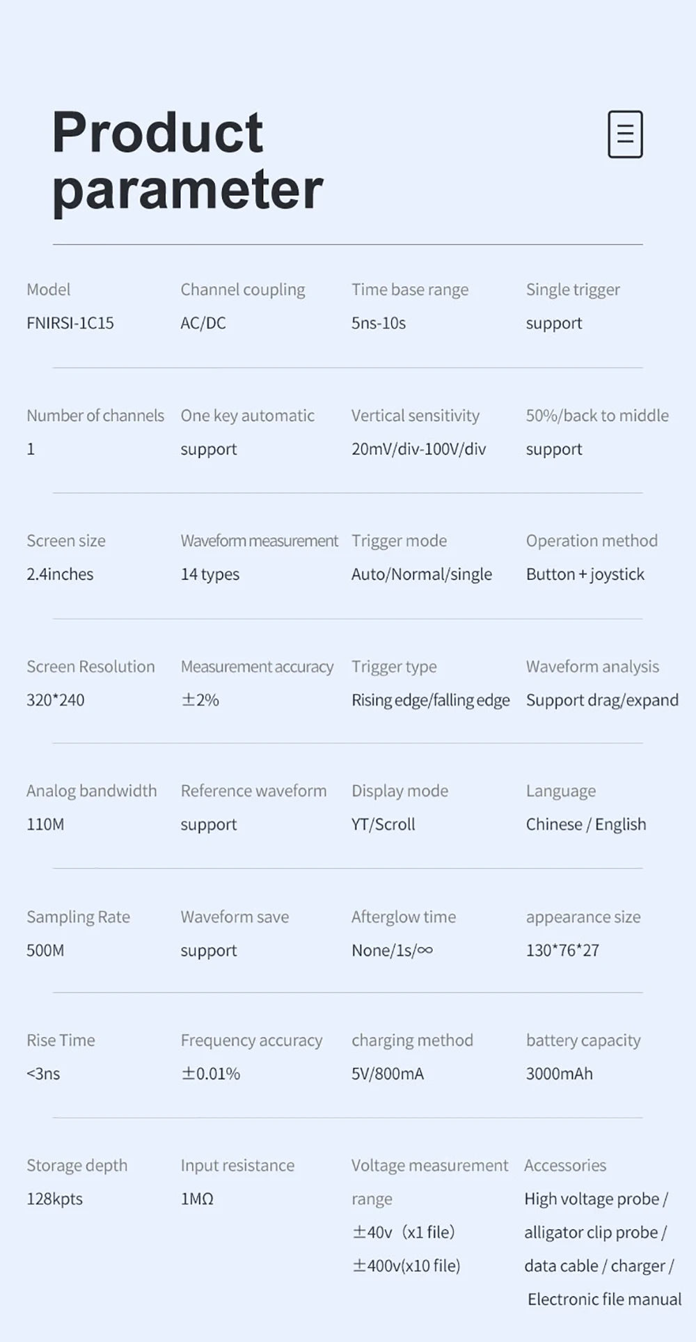 FNIRSI-1C15 Handheld Mini Portable Digital Oscilloscope 110M Bandwidth 500MSps Sampling Rate 1Khz Square Wave Waveform Storage