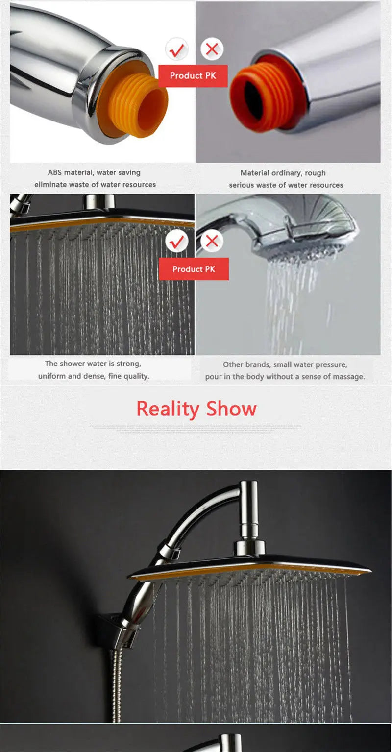 9 Inch Rotate 360 Degree Bathroom Rainfall Shower Head ABS Chrome Water Saving Shower Extension Arm Hand Held Shower Head Thin