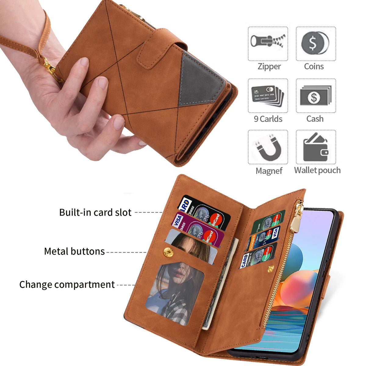 Flip Leather Case For XiaoMi 14T 13T 12T 11T 11 Lite Redmi Note 15 14 13 11S 12 Pro Plus Zipper Card Slot Wallet Bag Cover