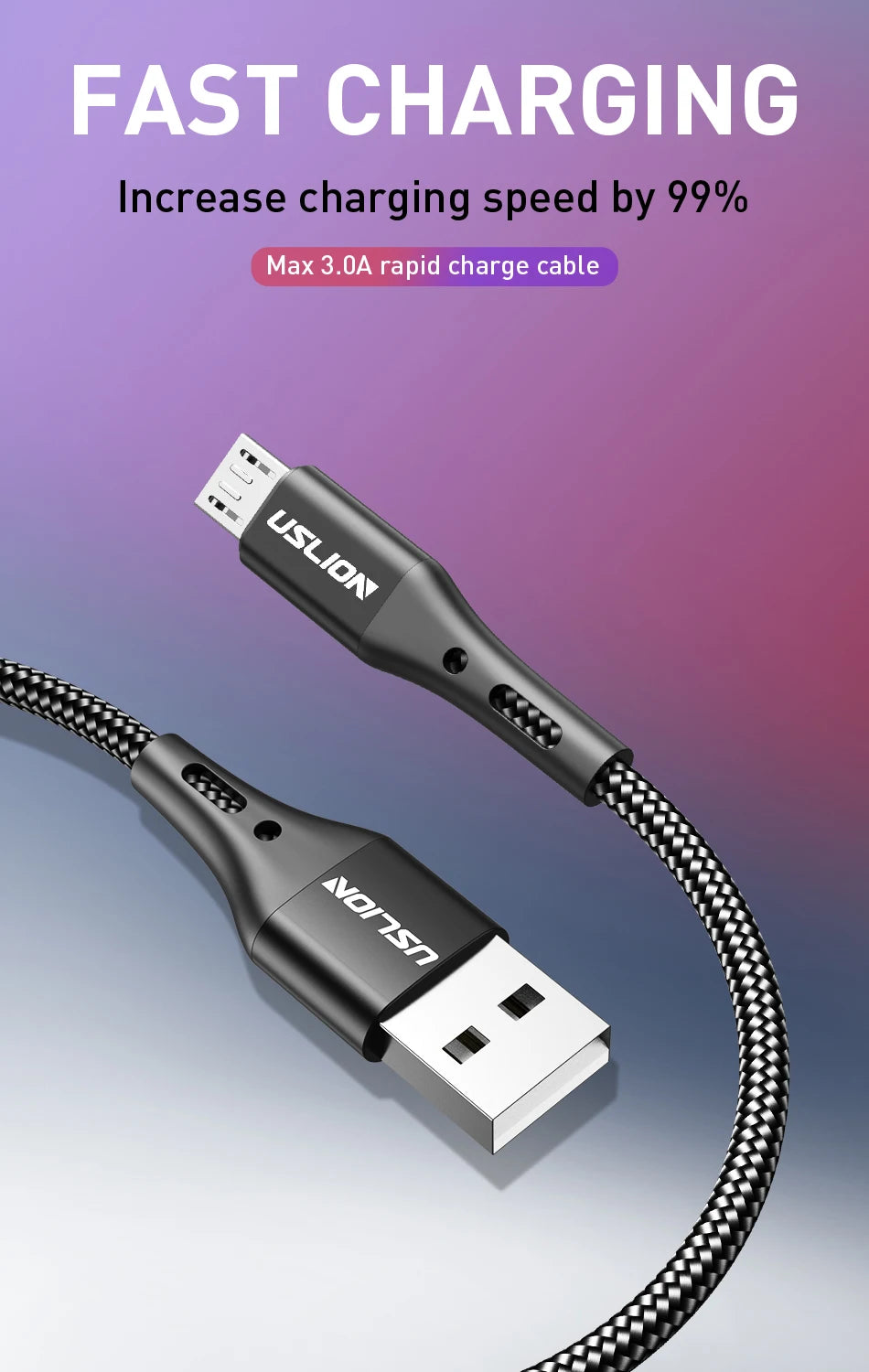 USLION Black Micro USB Cable Fast Charging For Xiaomi Android Mobile Phone Data Cable for Samsung Micro USB Charger Wires 3M/2M