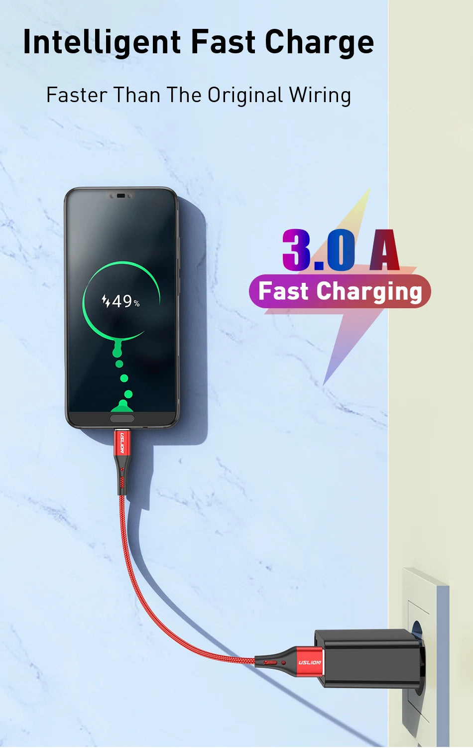 USLION Black Micro USB Cable Fast Charging For Xiaomi Android Mobile Phone Data Cable for Samsung Micro USB Charger Wires 3M/2M