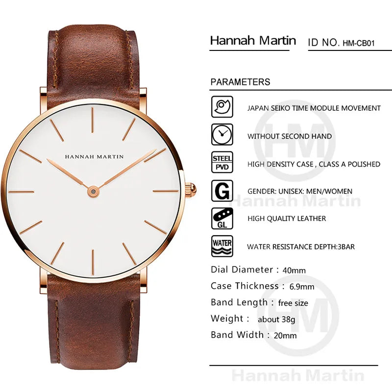 Hannah Martin Brand Fashion  Japan Quartz Wrist Watches Silver Brown Leather Men Watch Waterproof Dress Watch Men Casual