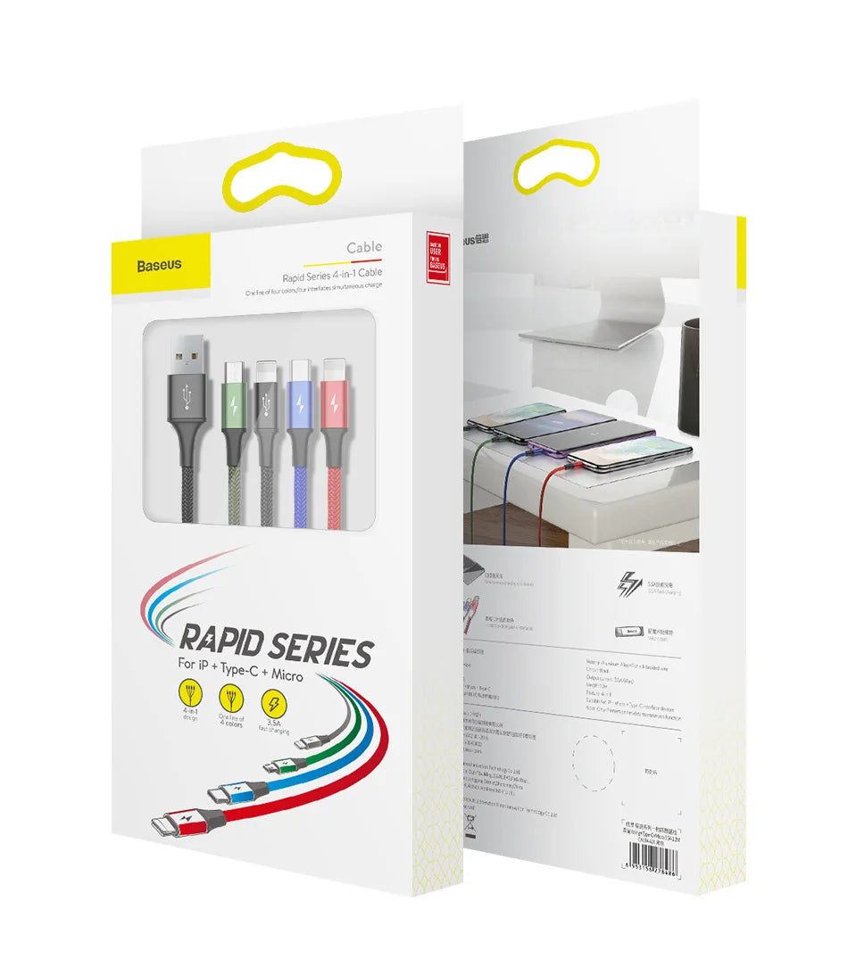 Baseus 4 in 1 USB Cable Type C Cable for Samsung S20 Xiaomi Mi 9 Cable for iPhone 12 X 11 Pro Max Huawei Charger Micro USB Cable