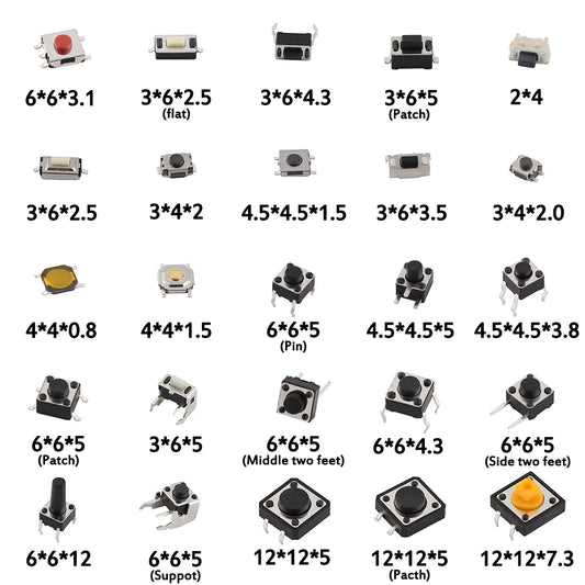 125PCS Assorted Micro Push Button Tact Switch Kit - 25 Types, Including Reset & Mini Leaf Switches, SMD/DIP  2*4 3*6 4*4 6*6