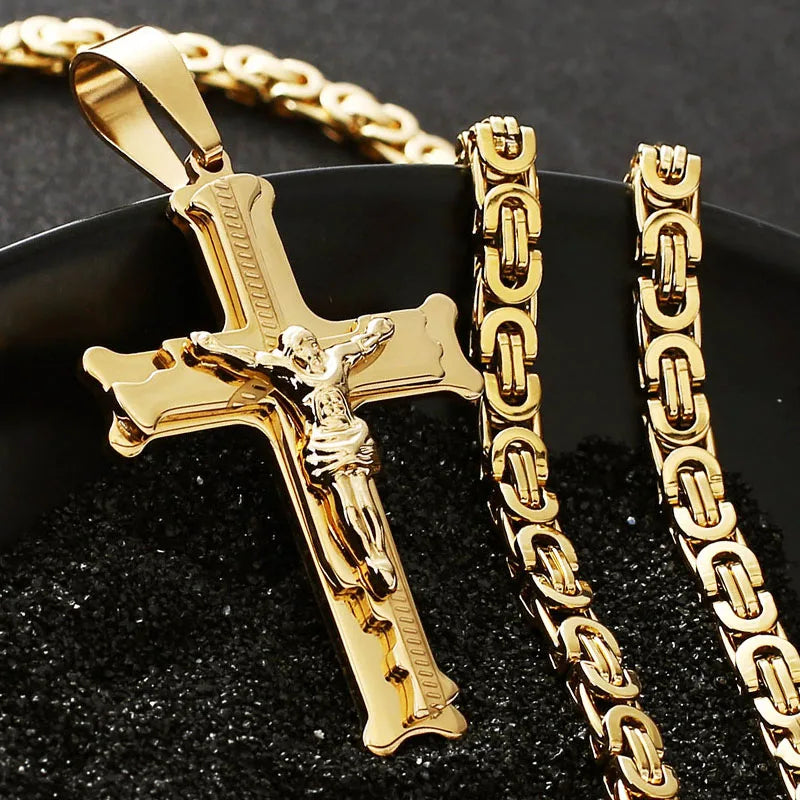 Stainless Steel Crucifix Jesus Byzantine Link Chain Necklace Fish Bone Pattern Cross Pendant Necklace Catholic Jewelry Men Gift