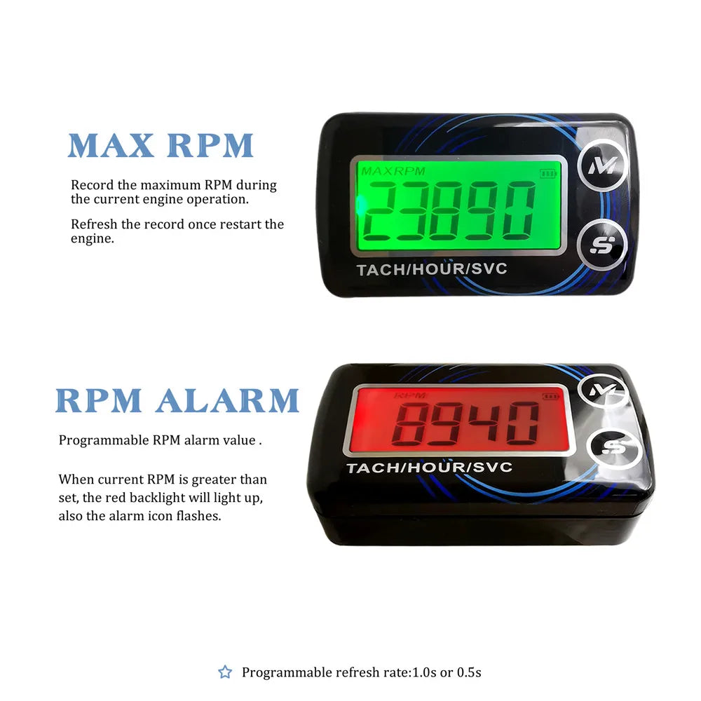 Inductive Tachometer Hour Meters 2 IN 1 Gauge Alert RPM Engine Hour Meter Backlit Resettable Tacho for Motorcycle ATV Lawn Mower