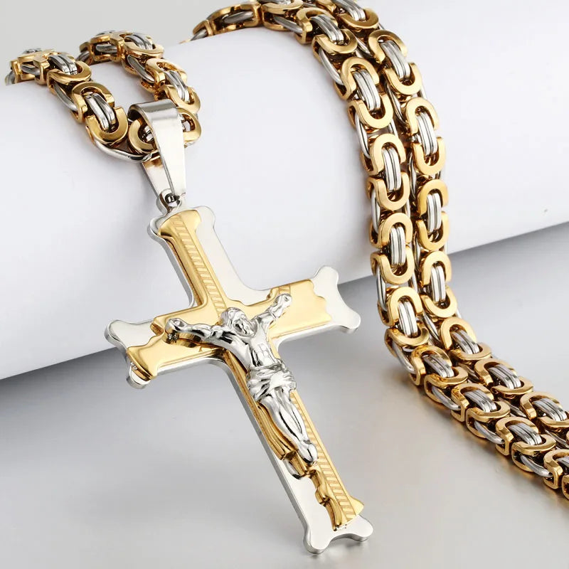 Stainless Steel Crucifix Jesus Byzantine Link Chain Necklace Fish Bone Pattern Cross Pendant Necklace Catholic Jewelry Men Gift