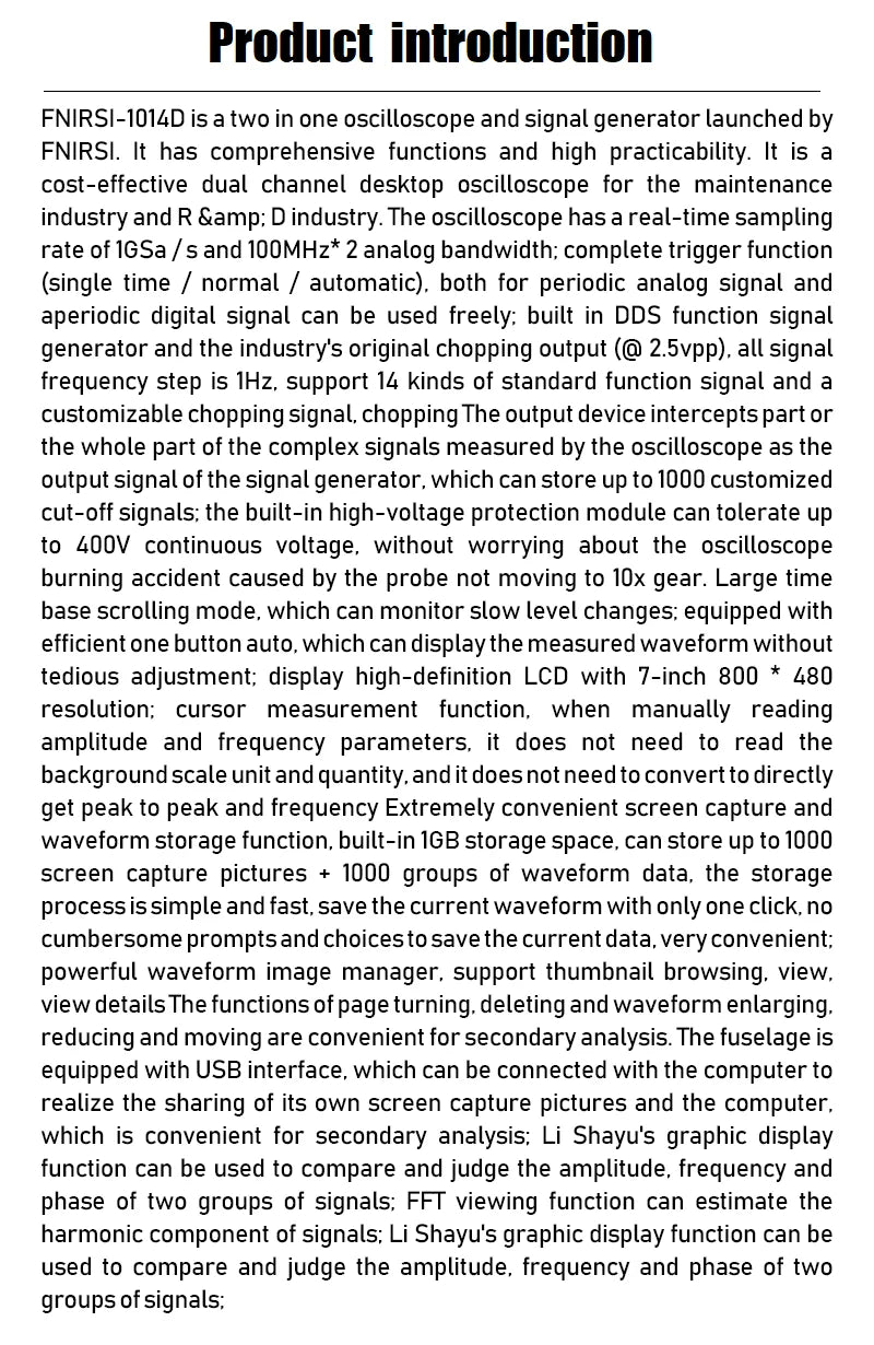 FNIRSI 1014D Digital Oscilloscope 2 In 1 Dual Channel Input Signal Generator 100MHz* 2 Analog Bandwidth 1GSa/s Sampling Rate