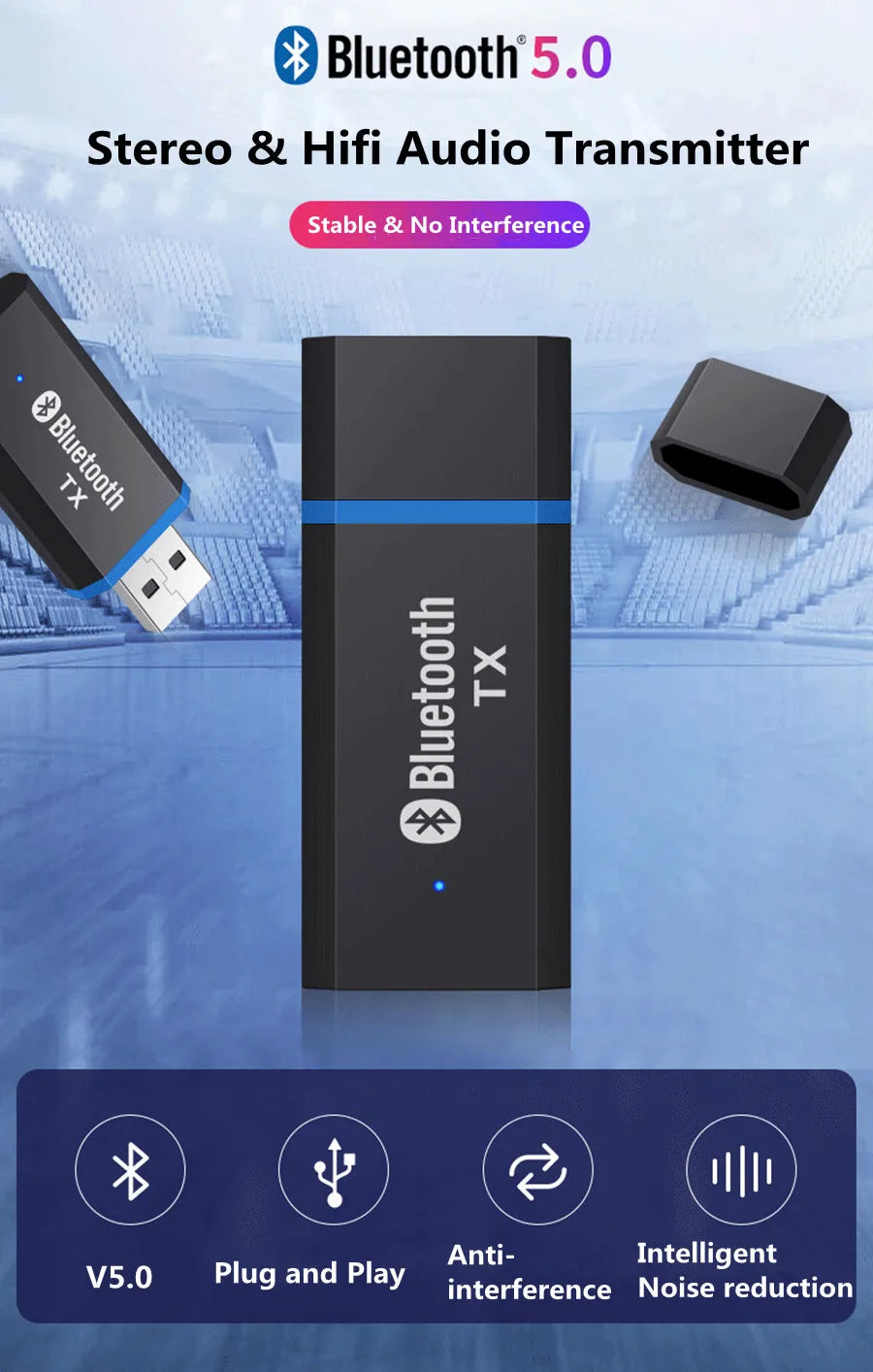Bluetooth Transmitter 5.0 + EDR Audio Adapter For TV PC Headphones 3.5MM Jack AUX USB Stereo Music Wireless Adapter Plug & Play