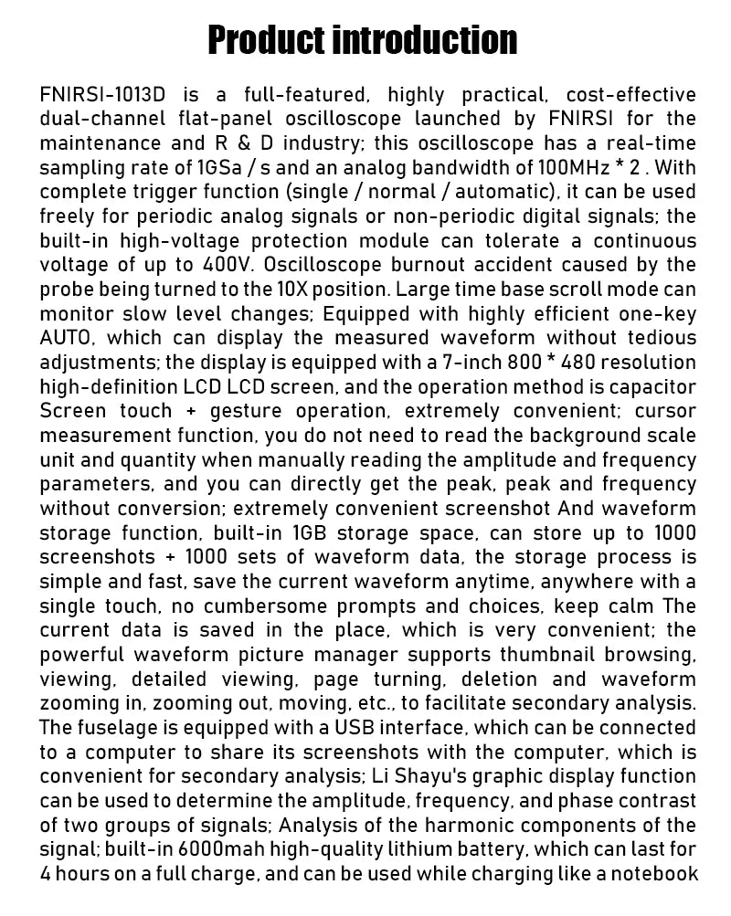 FNIRSI 1013D цифровой планшетный , двухканальный, пропускная способность 100 м, частота дискретизации 1GS, 7-дюймовый