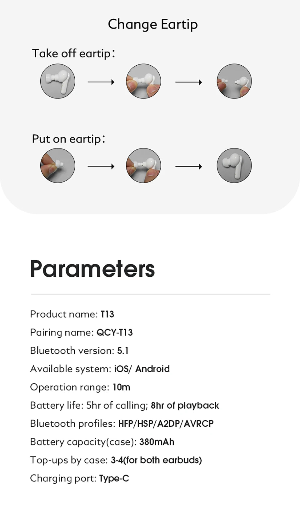 QCY T13 Bluetooth Headphone V5.1 Wireless TWS Earphone Touch Control Earbuds 4 Microphones ENC HD Call Headset Customizing APP