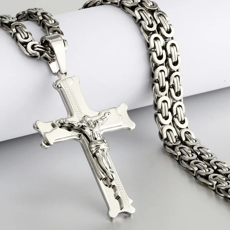 Stainless Steel Crucifix Jesus Byzantine Link Chain Necklace Fish Bone Pattern Cross Pendant Necklace Catholic Jewelry Men Gift