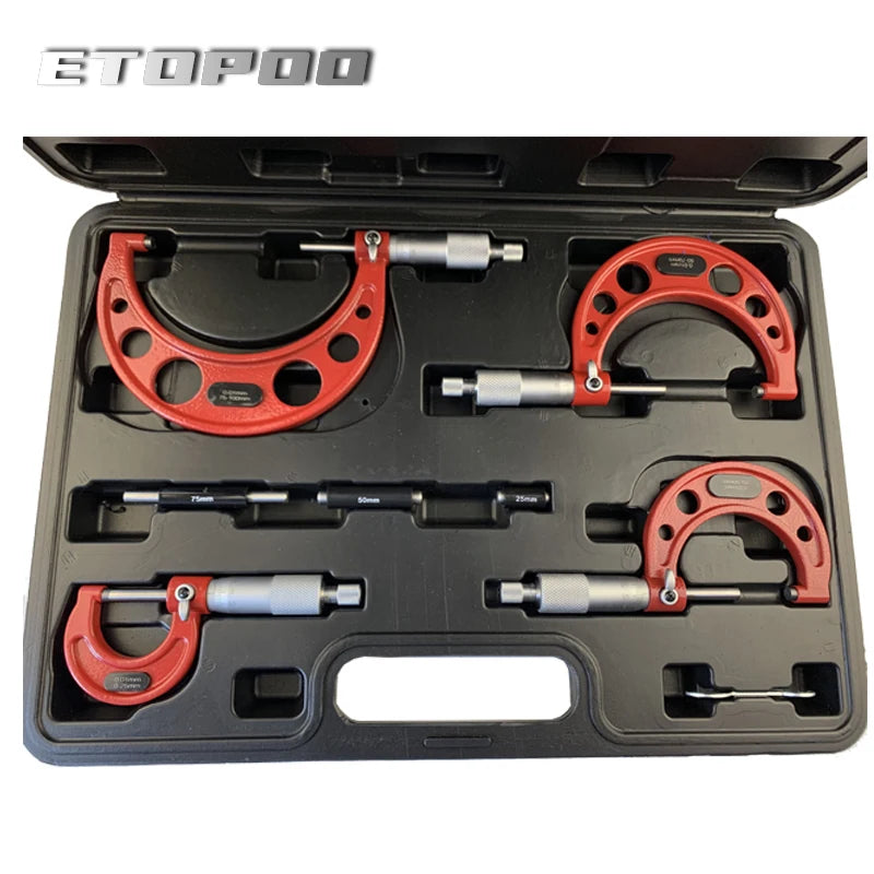 0-25mm-50mm-75mm-100mm Outside Micrometer Set with Standards Ratchet Stop 0-100mm Range 0.01mm Graduation (4 Piece Set)