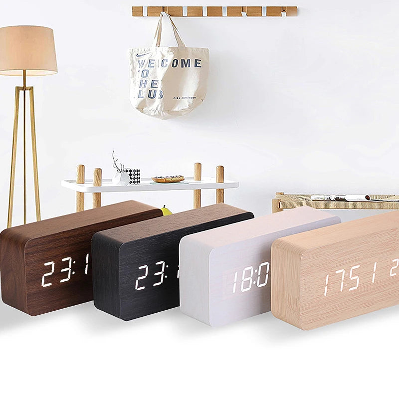 USB/AAA  Clocks LED Wooden Alarm Clock Watch Table Voice Control Digital Wood Despertador Electronic Desktop Table Decor