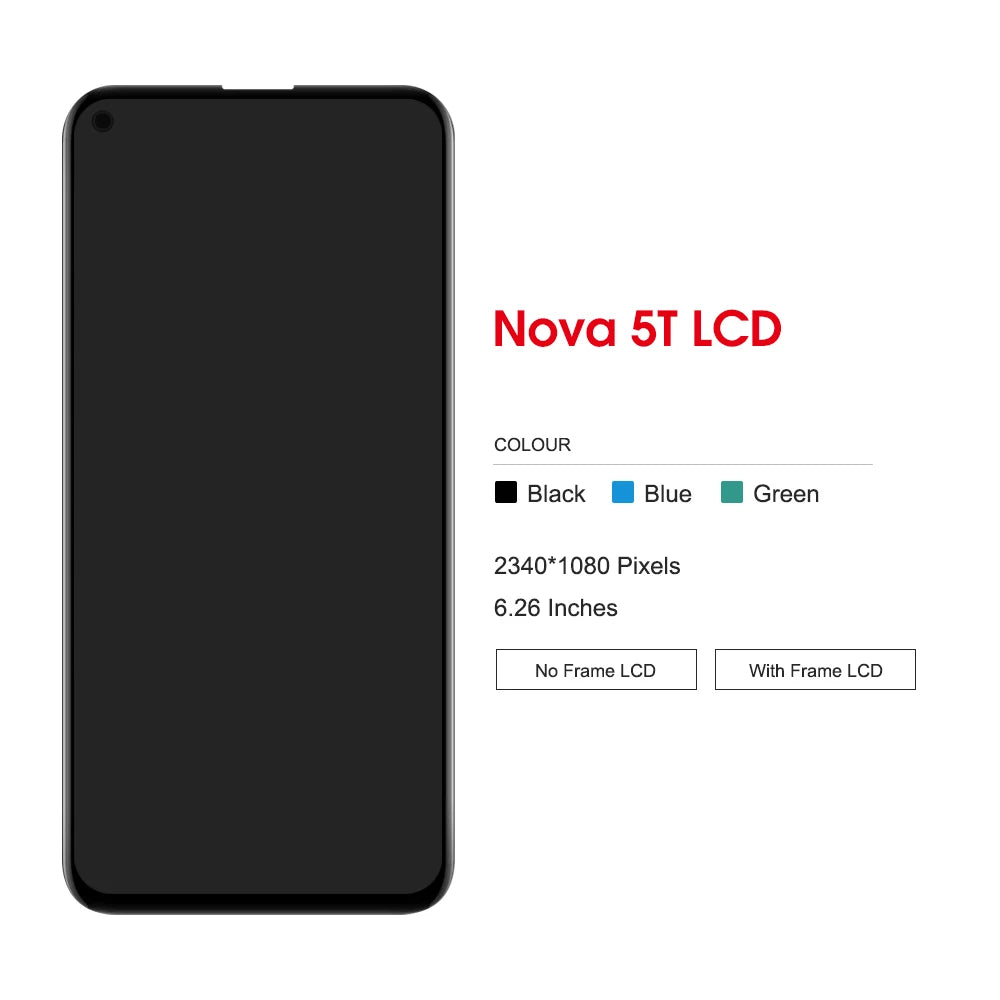 6.26'' for Huawei Nova 5T YAL-L21 L61A L71A LCD Screen+Touch Display Digitizer Replacement With Frame for Huawei Nova 5t Display