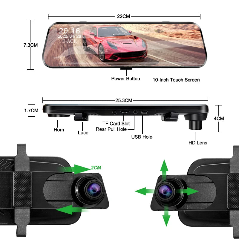 Acceo Car Dvr 10 Inch Touch Screen RearView Mirror Video Recorder Auto Registrar Support Black box Camera Night Vision Dash Cam