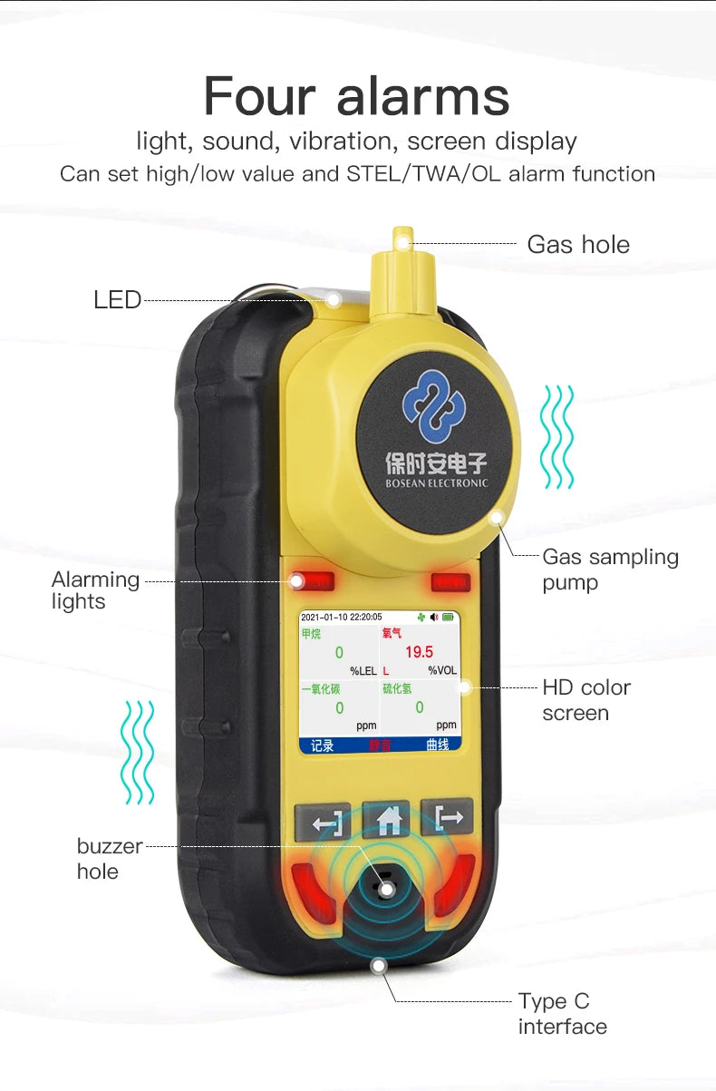 Bosean O2 H2S CO LEL 4 in 1 Oxygen Hydrogen Sulfide Carbon Monoxide Leak Detector Pump Multi Gas Detector Gas Meter